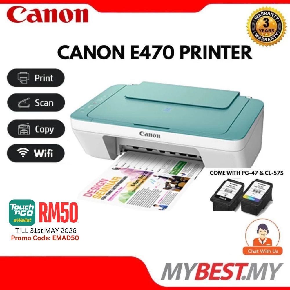 Canon Pixma E470 3-in-1 WiFI Printer ( Print / Copy / Scan / Wireless ) - INCLUDE INK