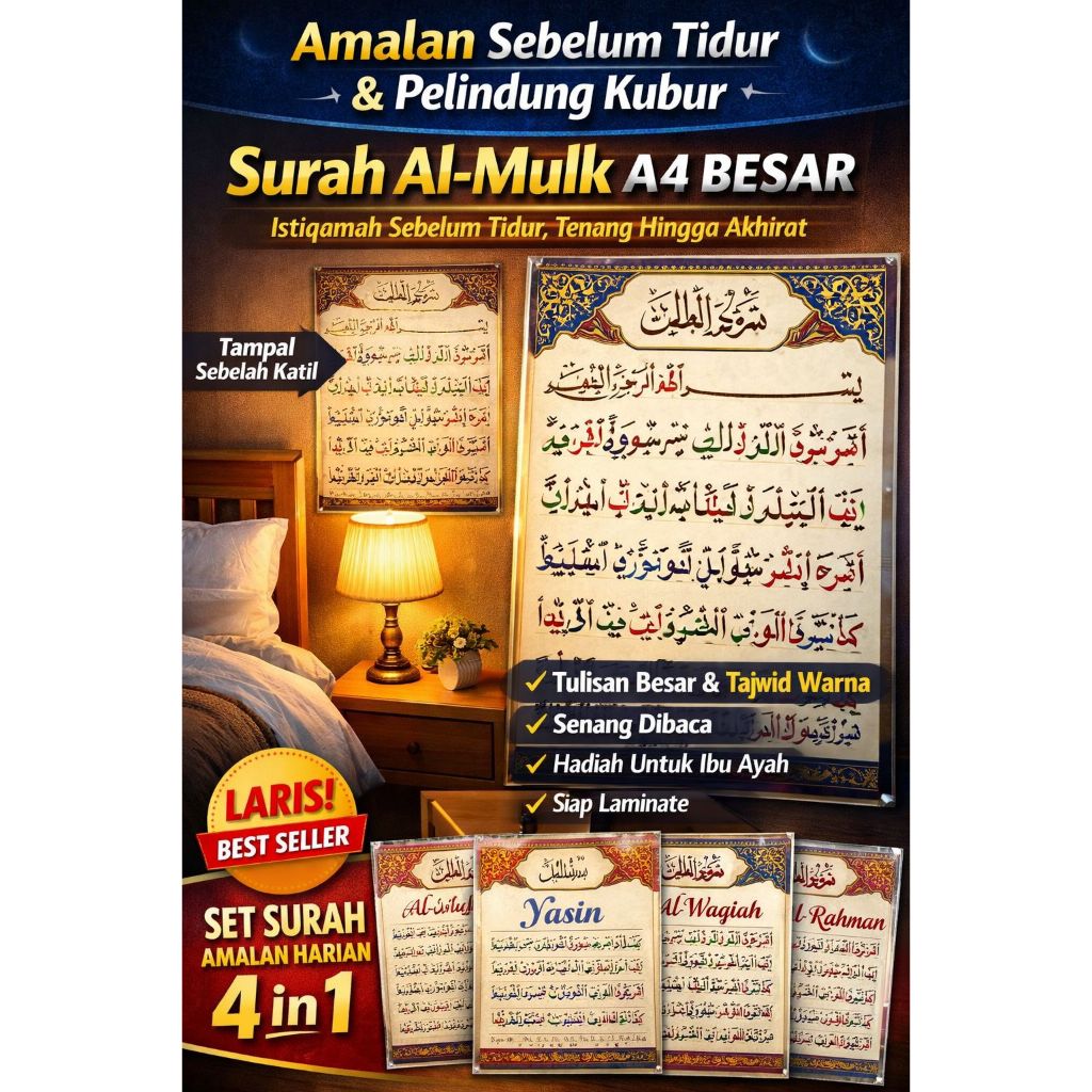 Set Surah Mulk Kahfi Sajadah Yasin Waqiah Insan Size A4 Laminate
