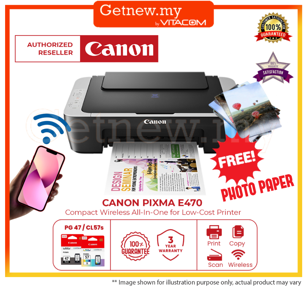 Canon Pixma E410 E470 [FREE 10PCS PHOTO PAPER] PRINT SCAN COPY WIFI WIRELESS All-in-One Printer