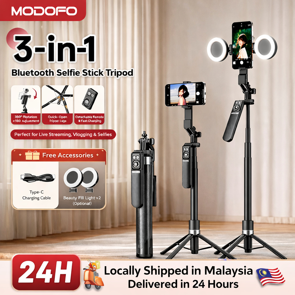 MODOFO Selfie Stick  Tripod For Phone 180CM 3 in 1 Stand Travel gimbal Remote & Light自拍神器 tripod 360 rotation auto手机支架