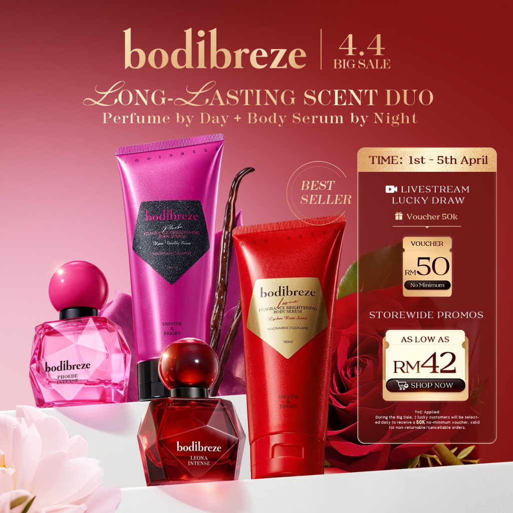 Limited Deal 30% - Bodibreze Long-Lasting Scent Duo 2in1 Set – Leona Parfum Tahan Lama & Brightening Body Serum Wangi