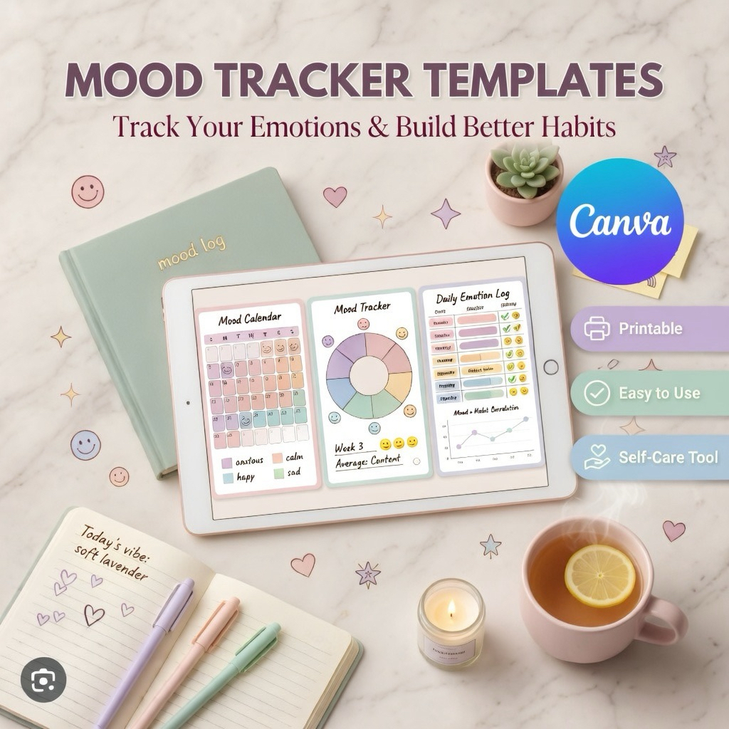 Daily Mood Tracker Canva Templates | Emotion Journal & Self Care Planner | Digital Download + Free Gift