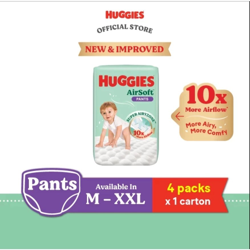 Huggies AirSoft Pants Breathable and Soft Premium Diapers for Baby - M46/l36/xl30/xxl24