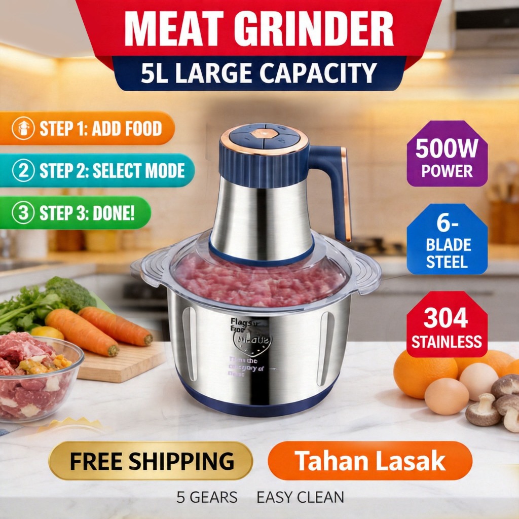 Mesin Pengisar Daging 5L – Auto, 6 Bilah Tajam – Stainless Steel – Sesuai untuk Rumah & Komersial – Stok Tempatan