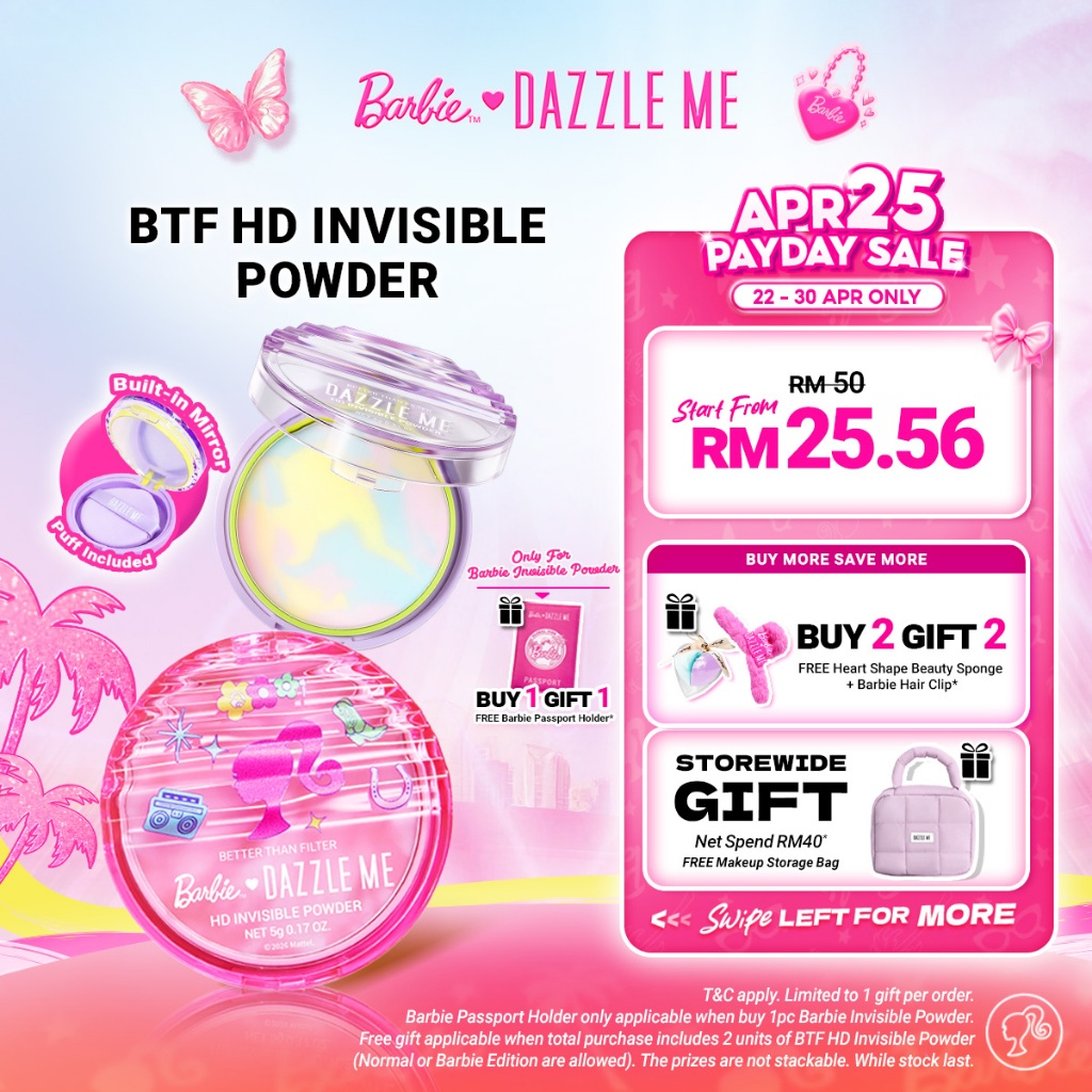 [Best Seller] DAZZLE ME BTF HD Invisible Powder & Barbie IP – 24H Oil Control (Prime + Mattify)|Kawalan Minyak