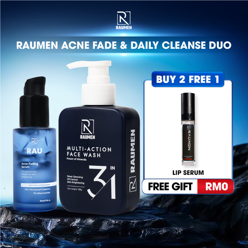 RAUMEN Acne Fading Serum 30ml + Men’s Face Wash 168ml, Best Acne Scar Removal & Deep Cleansing Skincare Set for Men