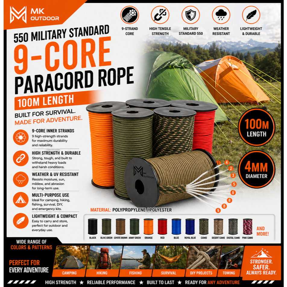 100M 550 Military Standard 9-Core Paracord Rope 4mm Outdoor Paratrooper Towing Rescue Camping Survival Tent