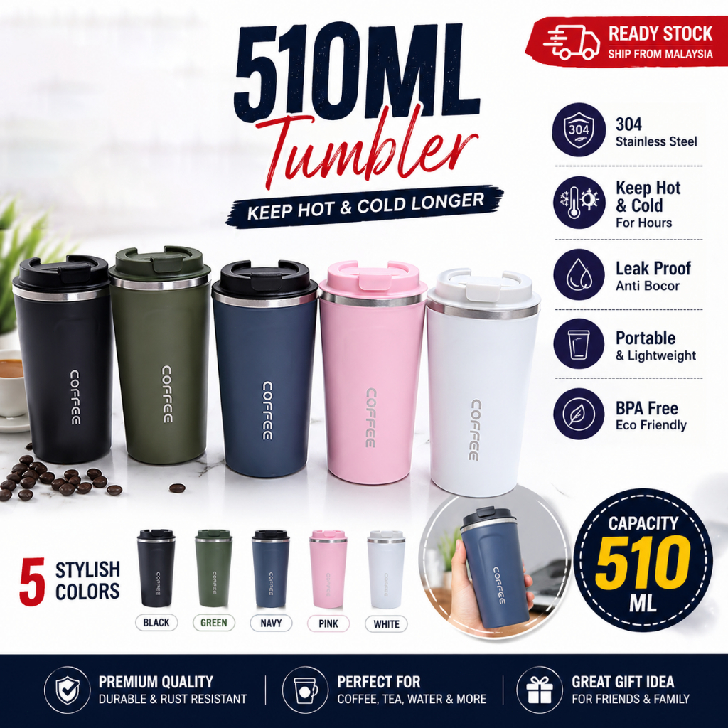 【Top Quality】Stainless Steel Coffee Cup 510ml Travel Thermal Mug Leak-Proof Thermos Bottle Tea
