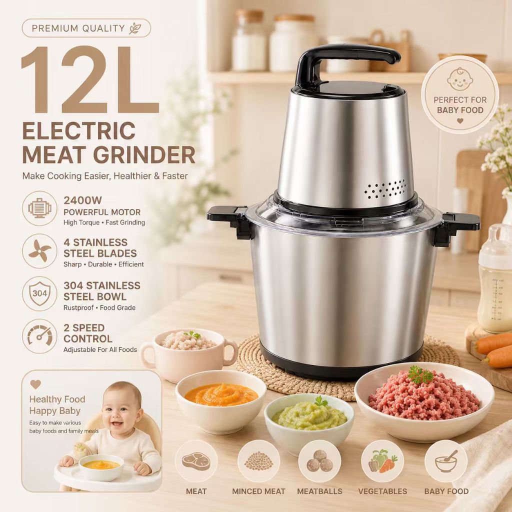 🏠Ready Stock🏠12L stainless steel electric meat grinder kitchen chopper blender food process machine Mesin Pengisar Dag