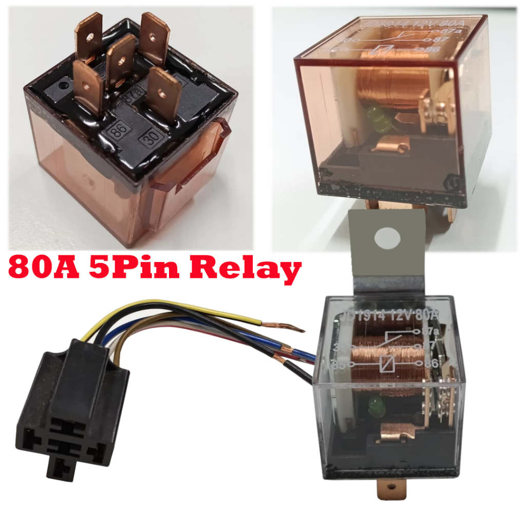 12V 80A 5Pin Relay With Led Light Horn Headlamp Headlight Spotlight Relay Socket Lampu Kereta