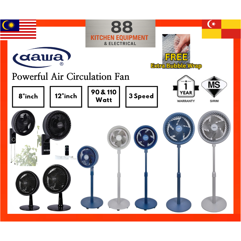 Dawa Air Circulation Fan Powerful Wind 90Watt 110Watt Stand Fan Table Fan Wall Fan Kipas Berdiri Kipas Dinding Remote