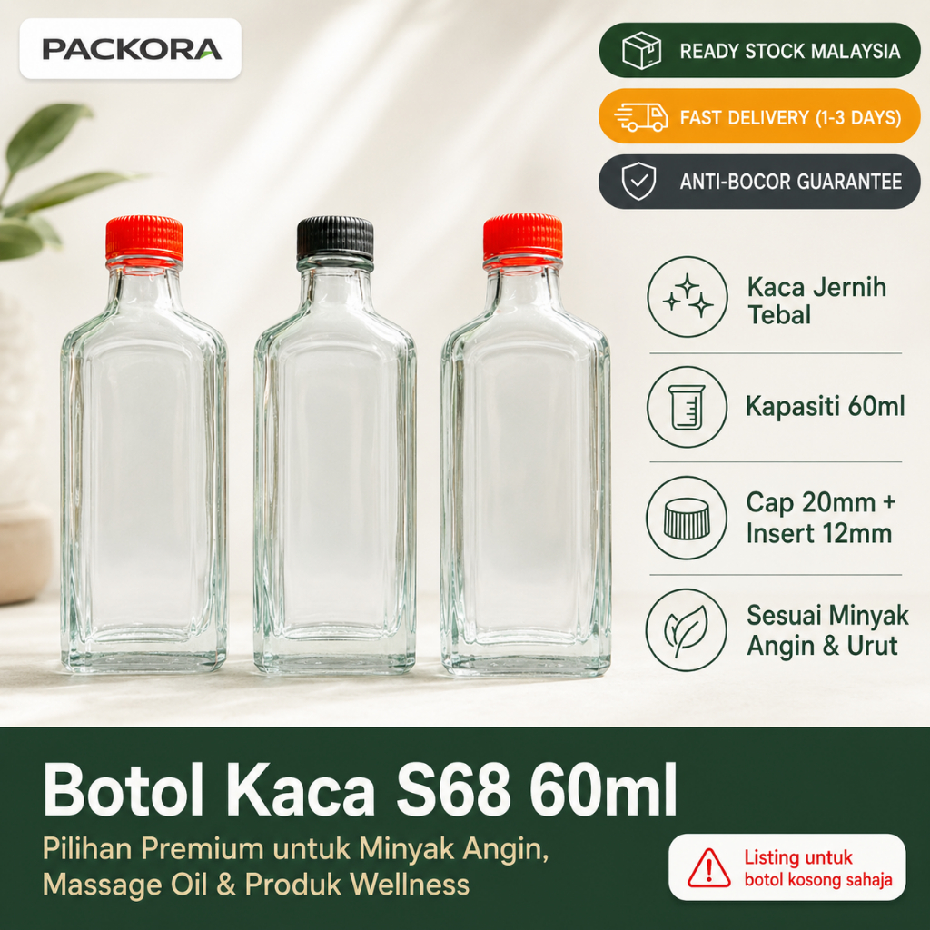 Botol Kaca Tebal 60ml Tutup Merah Hitam | Minyak Angin Urut Premium S68 | Stok Penang