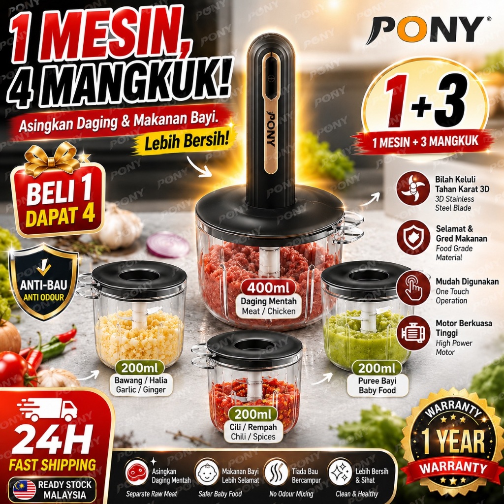 [1 Mesin 4 Mangkuk] Wireless Food Chopper Pengisar Daging Bawang Meat Blender Baby Food Processor Set