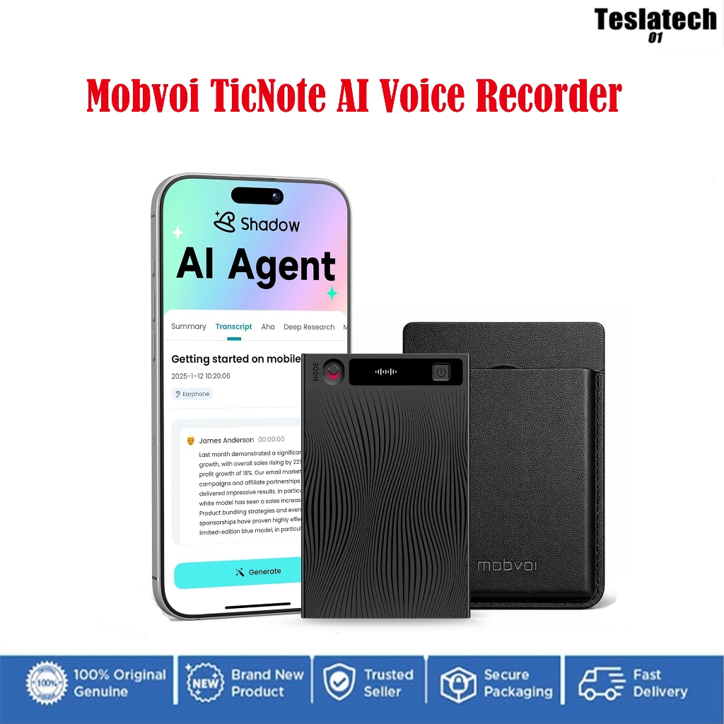 【Global】Mobvoi TicNote AI Voice Recorder w/AI Transcription & Summary, APP Control AI Note Taking Supports 120+ Language