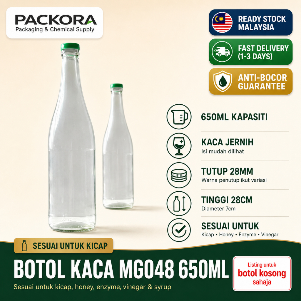 Botol Kaca Kicap 650ml Tutup Hijau Merah Kuning | Sos Madu Enzyme Sirap | Stok Penang