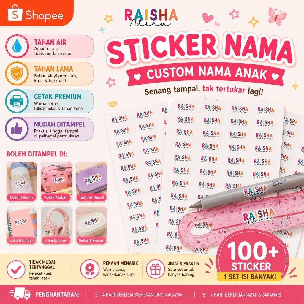 Custom Name Sticker Waterproof 100pcs | Personalized Name Labels | Gift,planner,journalist,barang peribadi