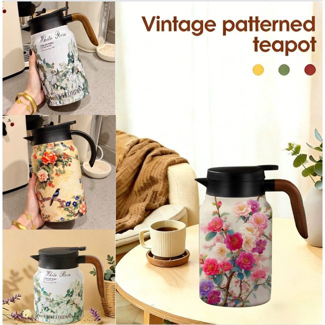 1500 ML Vintage Floral Tea Thermos with Handle Stainless Steel Tea Kettle Flower Pattern Infuser Pot for Home Cerek Teh