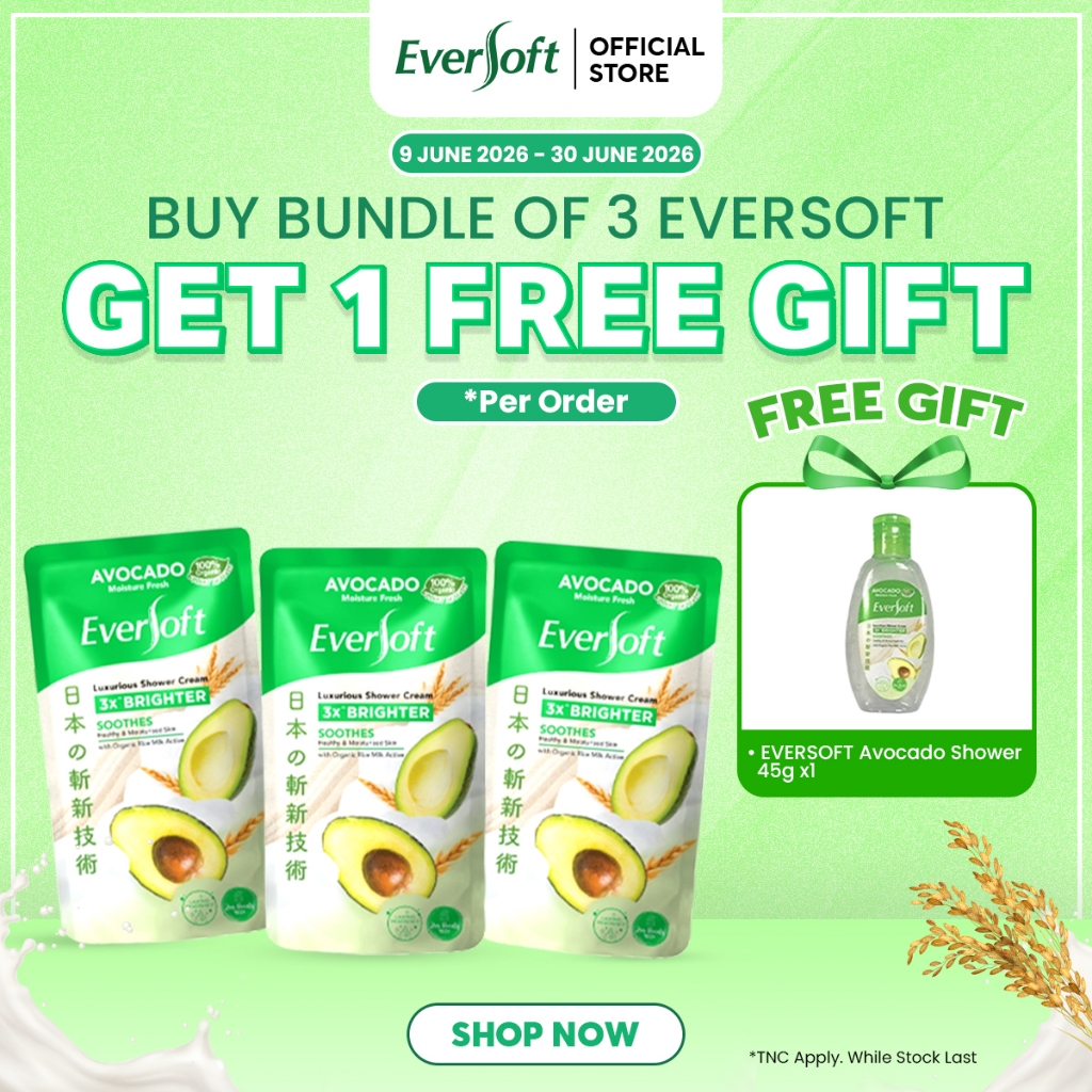 [Bundle of 3] Eversoft Shower Cream Pouch 550g | Avocado Cherry Blossom Rosehip Citrus Yuzu Organic Rice Milk