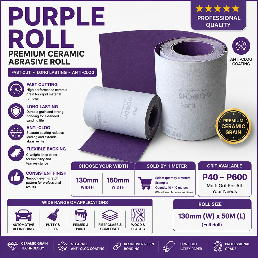 Velcro HOOK&LOOP Sandpaper Roll Ceramic Aluminium Oxide (Purple) Kertas Pasir (Ungu) 130mmX1Meter 植绒砂纸卷陶瓷磨料 image 2