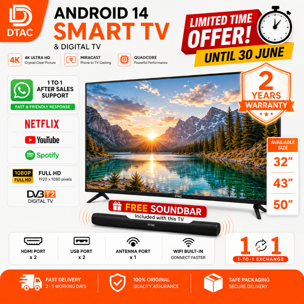 Televisyen Pintar DTAC  Smart Android Goggle Netflix 40"Inch Tv Murah – FHD LED | VGA | HDMI | USB |