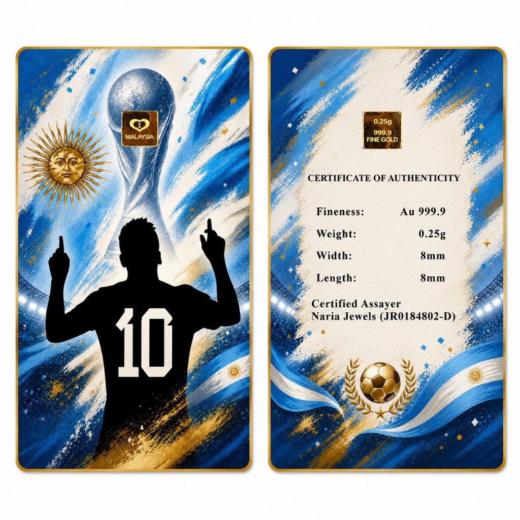 Naria 999.9/24K Gold Bar 0.25gm Argentina Design Football Collection Pelaburan Emas Gold&hellip;