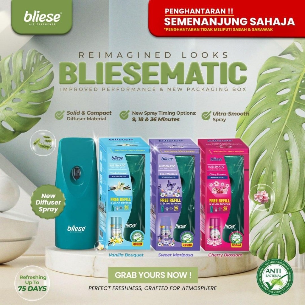 Bliesematic Set & Refill ( Home Fragrance / Pewangi Rumah ) Automatic Air Freshener Spray For Room & Toilet