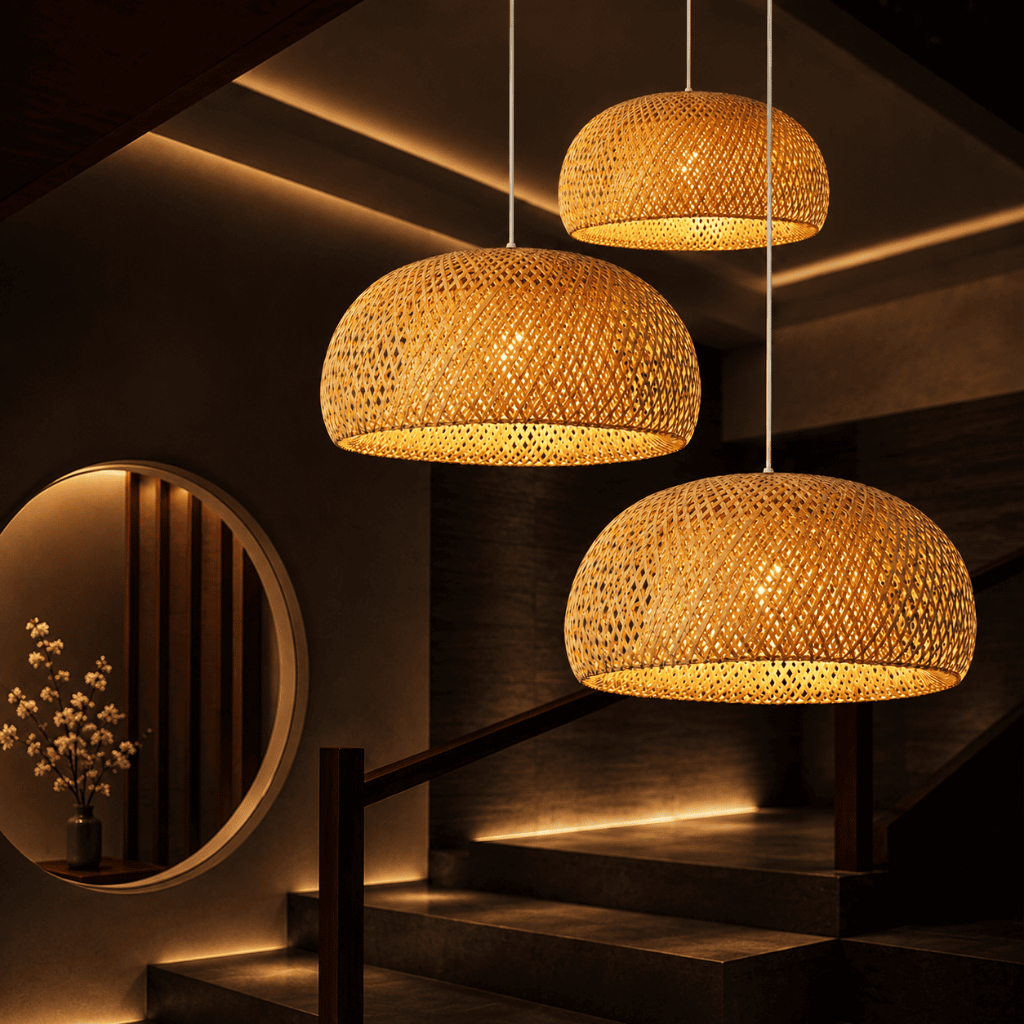 Bamboo Chandelier Rattan Chandelier Shade Ceiling Lamp Woven Bamboo Rattan E27 Hanging Lamp /Candelier Buluh(With Bulb)