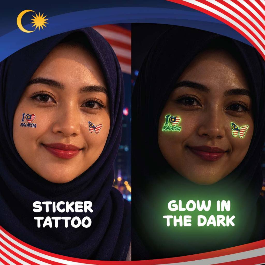Sticker Pipi Merdeka Sets Tattoo 2026 | Face Tattoo 5 Design Malaysia Temporary | Glow In The Dark White