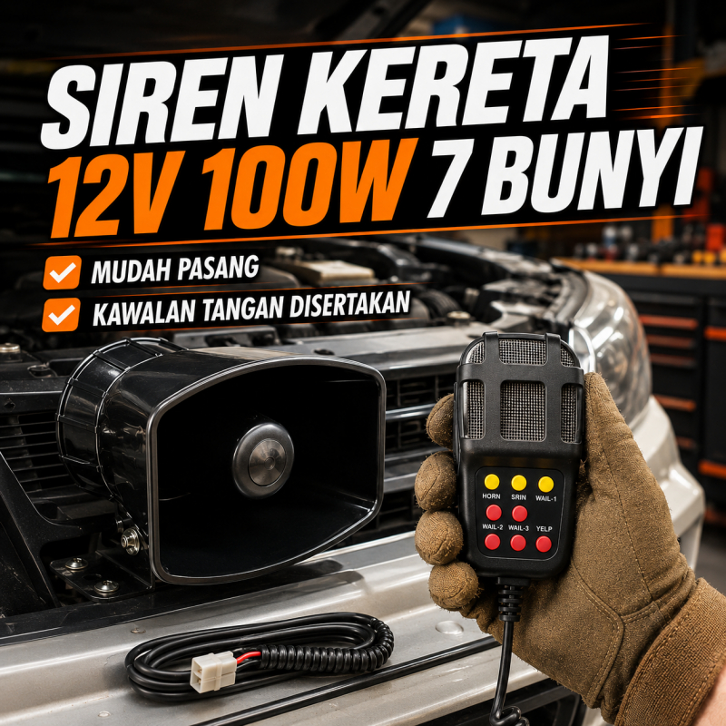 Siren Kereta 7 Bunyi 12V 100W Universal Horn Suara Jelas Microphone Speaker ABS Tahan Lasak Tapak Kukuh Mudah Dipasang