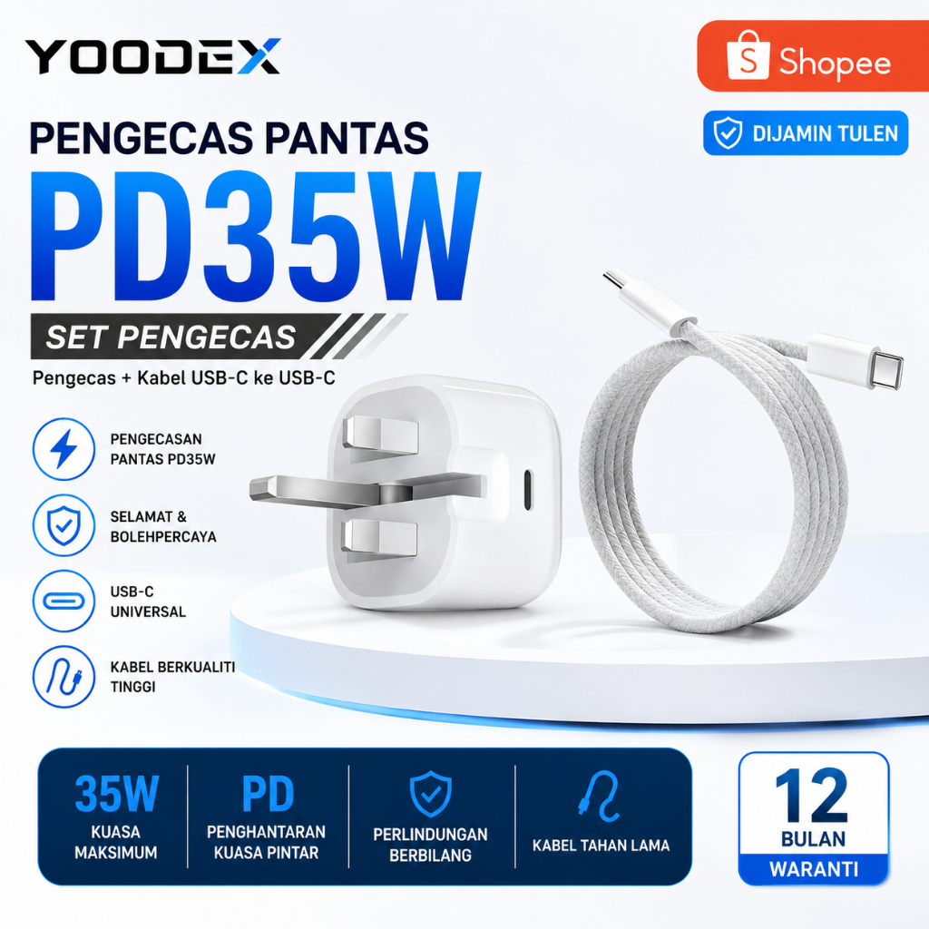 YOODEX Pengecas Pantas 35W PD 5X Lebih Cepat Selamat Dan Berkualiti Tinggi Dengan Kabel USBTypeC