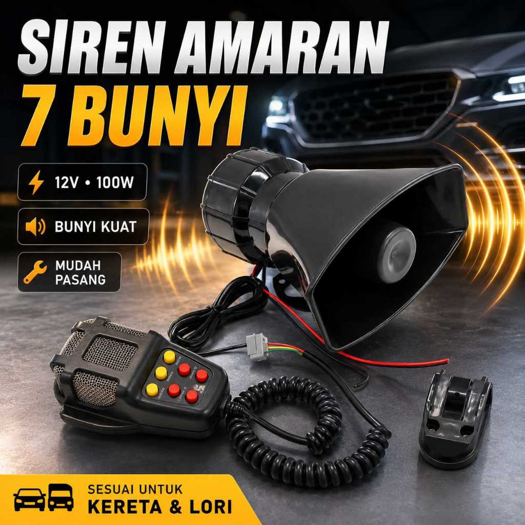 Siren Kereta 12V 100W 7 Tone Speaker PA, Horn Amaran Kuat untuk Lori Bot Van Pickup Keselamatan Mudah Pasang