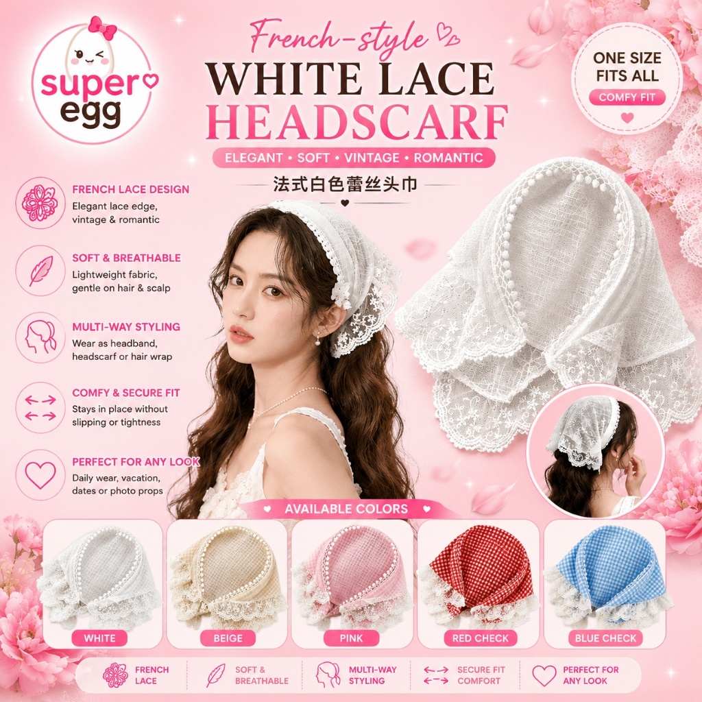Bando Fesyen白色蕾丝发箍头巾 White Lace Headband Headscarf 法式三角巾包头巾帽田园风款 French-style Triangle Scarf Beauty