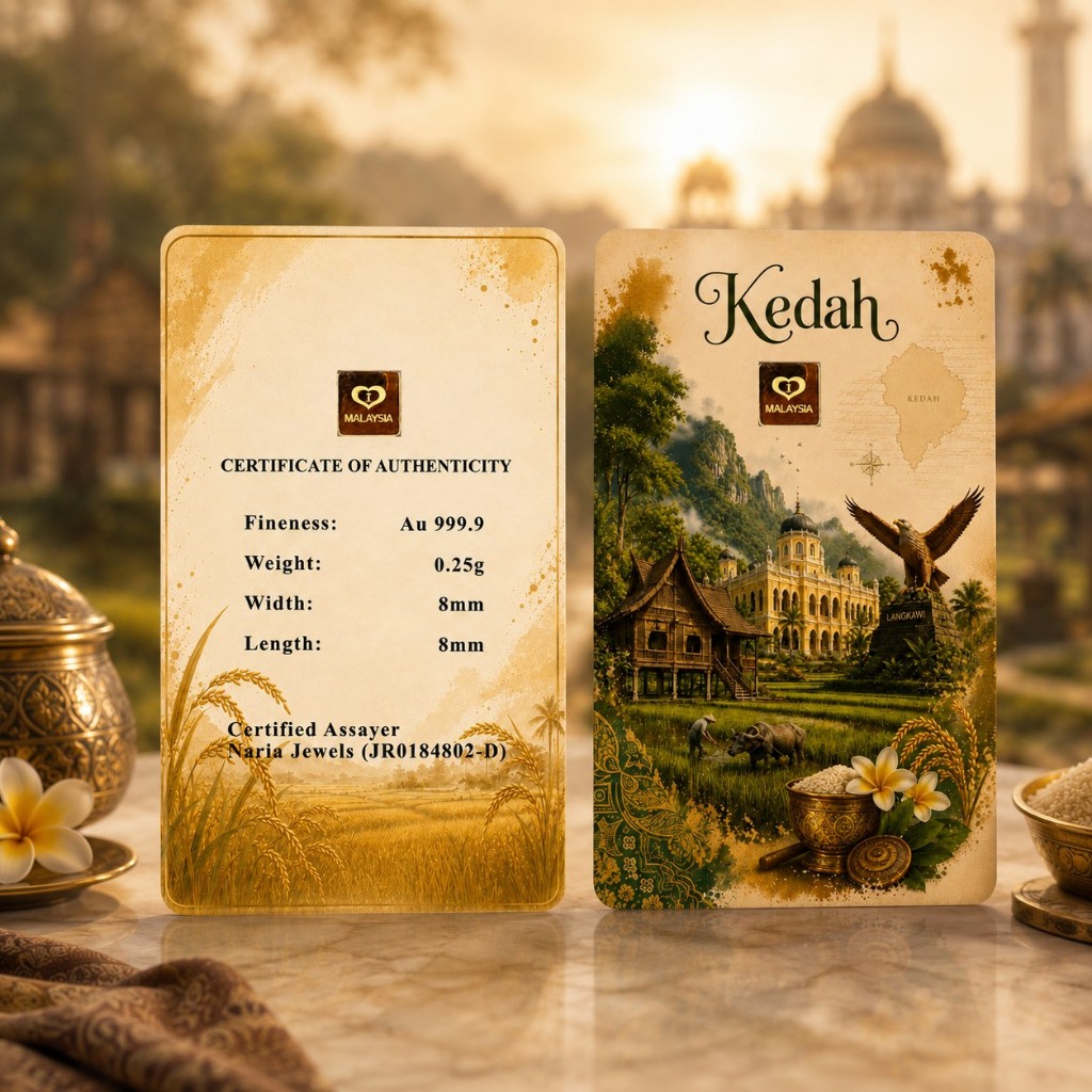 Naria 999.9/24K Gold Bar 0.25gm Kedah Design Malaysia Collection Pelaburan Emas Gold&hellip;