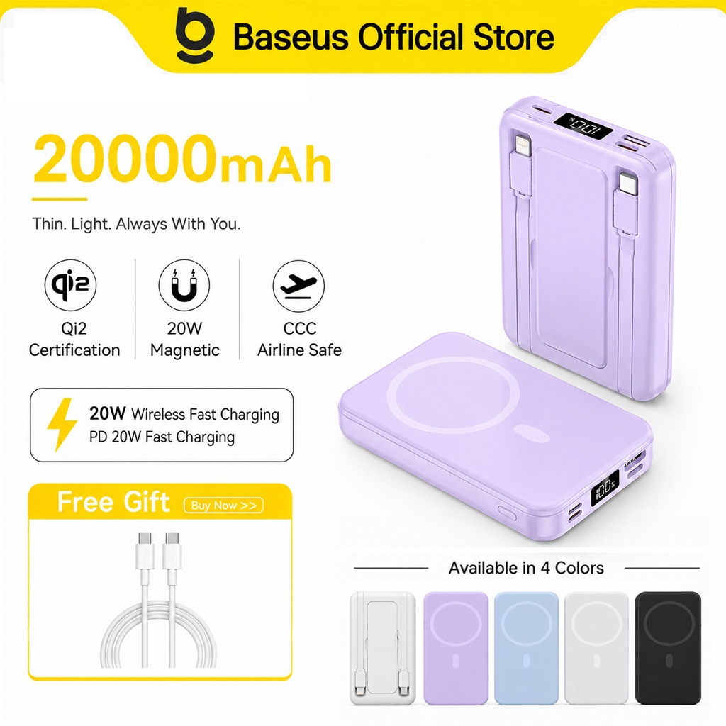 [3C+Qi2 Certified]Baseu Magnetic PowerBank 20000mAh Wireless Fast Charging 22.5W Built-in Cable Stand Android Apple
