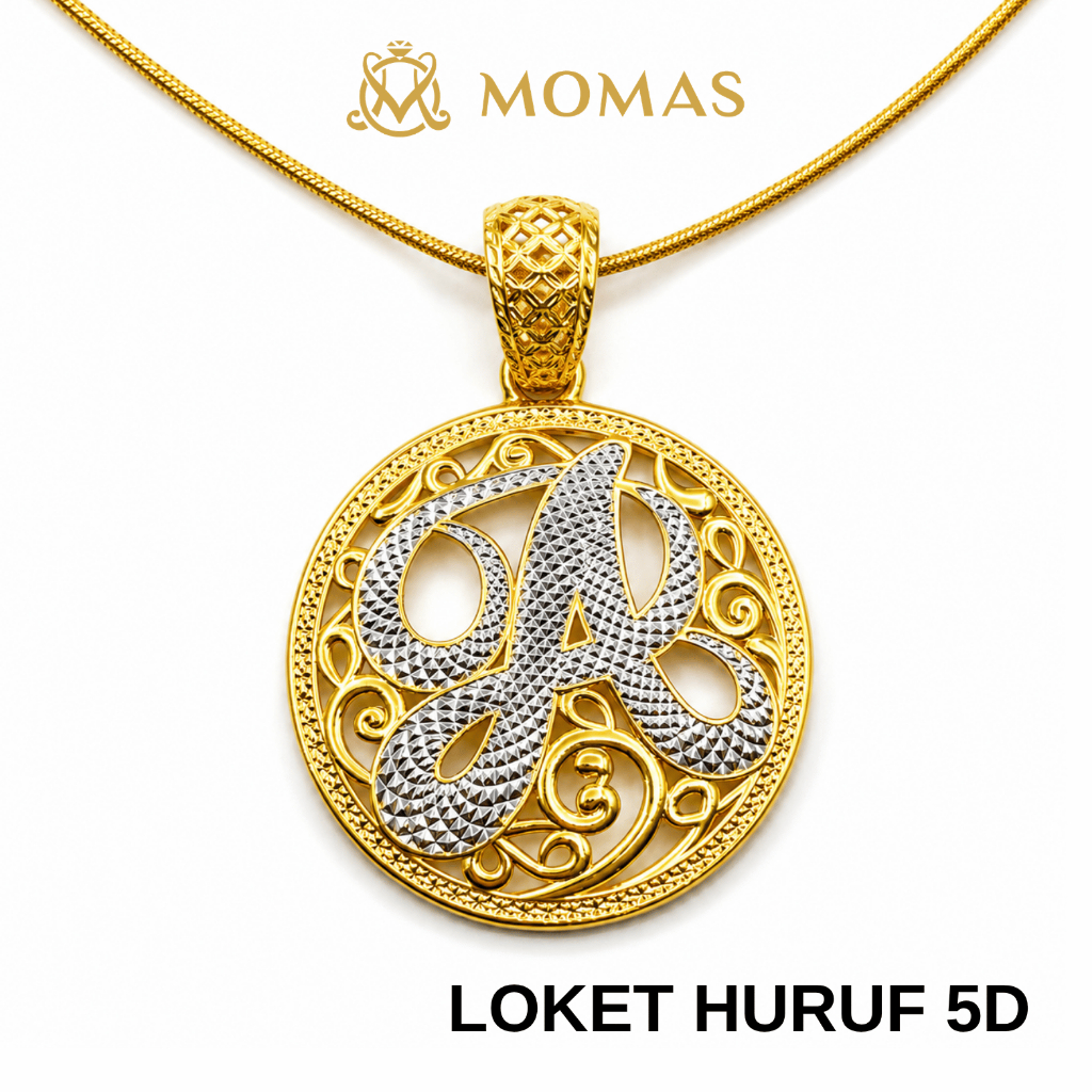 MOMAS LOKET HURUF 5D Emas 916 Original Loket Emas 916 Nama Bajet Buah Rantai Pendant 916 Gold Alphabet Emas Original