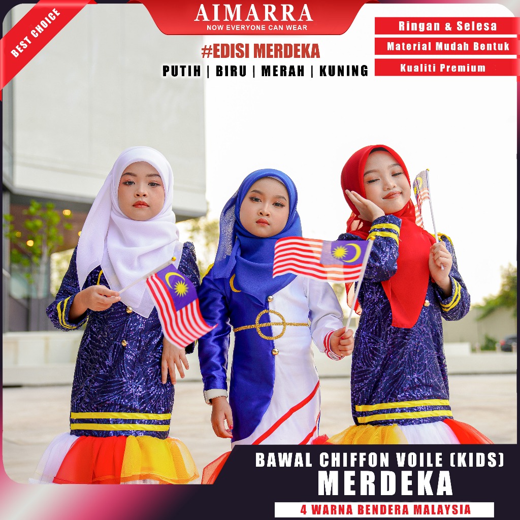 Bawal Plain Merdeka Malaysia | Kids 38” | Tudung Hari Kebangsaan ( Umur 3 hingga 12 tahun boleh pakai )