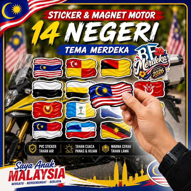 TBF Sticker, Window Sticker & Magnet Motor & Car Merdeka 2026 | Premium Malaysia State Flag Decorations | 14 Designs