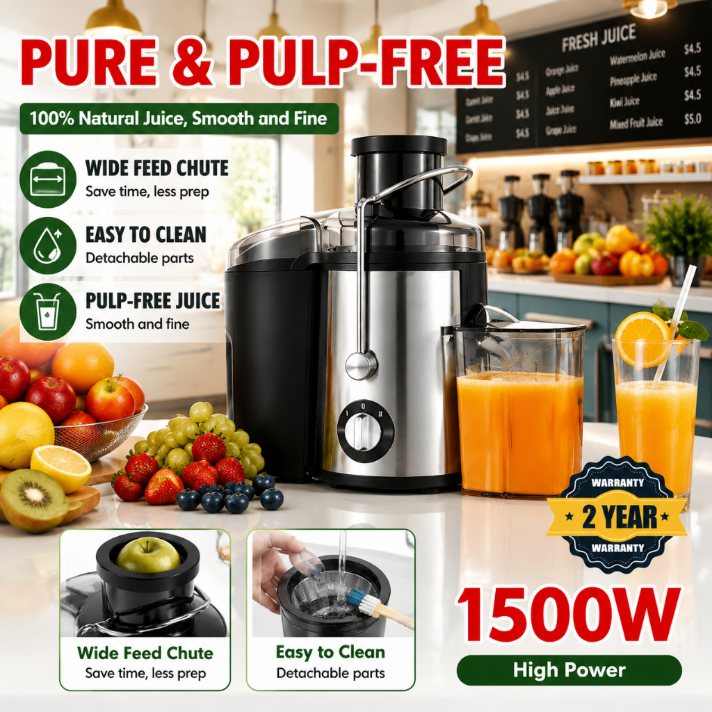 🍎1500W High Power Stainless Steel Centrifugal Juicer Machine Mesin Juice Wide Feed Chute Easy Clean Pulp Free Fresh 榨汁机