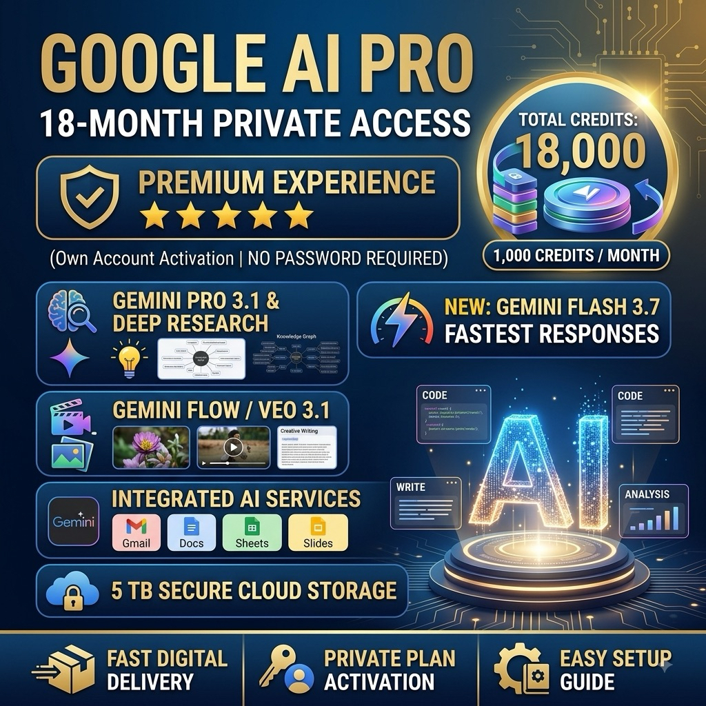 Google AI Pro 18 Months Subscription | Gemini 3.1 Pro & Deep Research | 5TB Cloud Storage | Fast Delivery