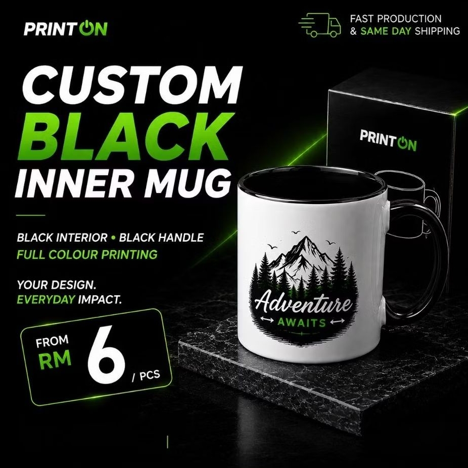 Custom Black Inner Mug Printing | Photo Logo | Full Colour Personalized Mug Malaysia | Same Day Shipping