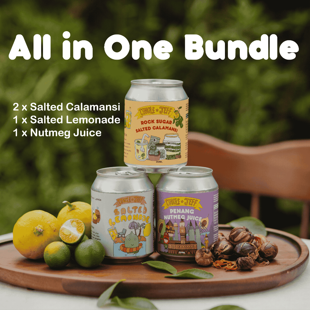 [4 IN 1 BUNDLE] Uncle Jeff Penang Rock Sugar Salted Calamansi 2's + Penang Nutmeg Juice 1's + Salted Lemon 1's