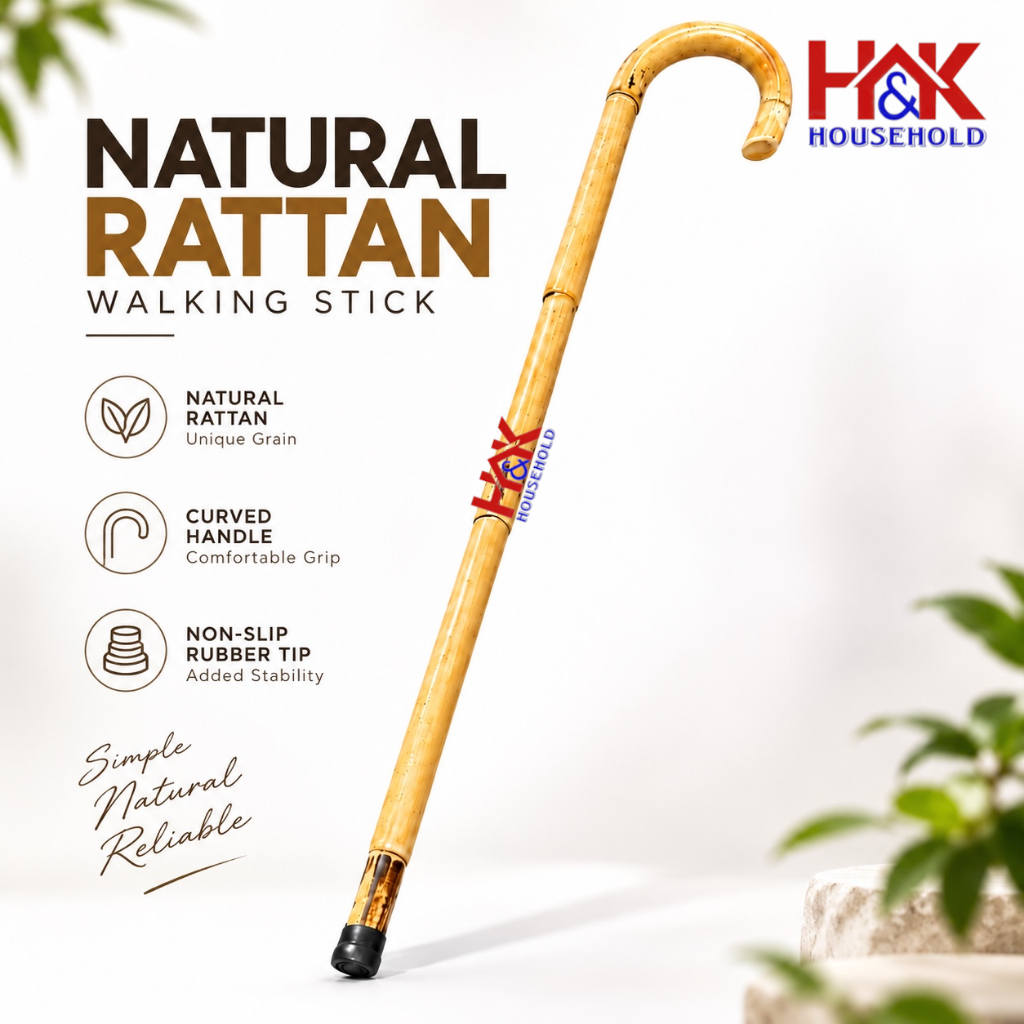 Natural Rattan Walking Stick | Tongkat Jalan Orang Tua Original | Curved Handle & Non-Slip Rubber Tip | Tongkat Kayu Rot