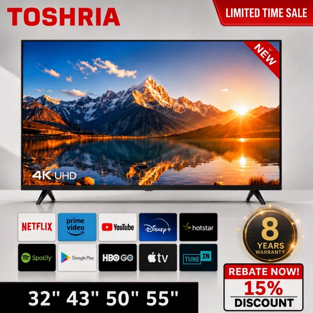 TOSHRIA Smart TV 32"43"50"55‘’65''75'' Boarderless 4K FHD  LED Television Netflix Youtube MYTV DVB-T2 Local warranty