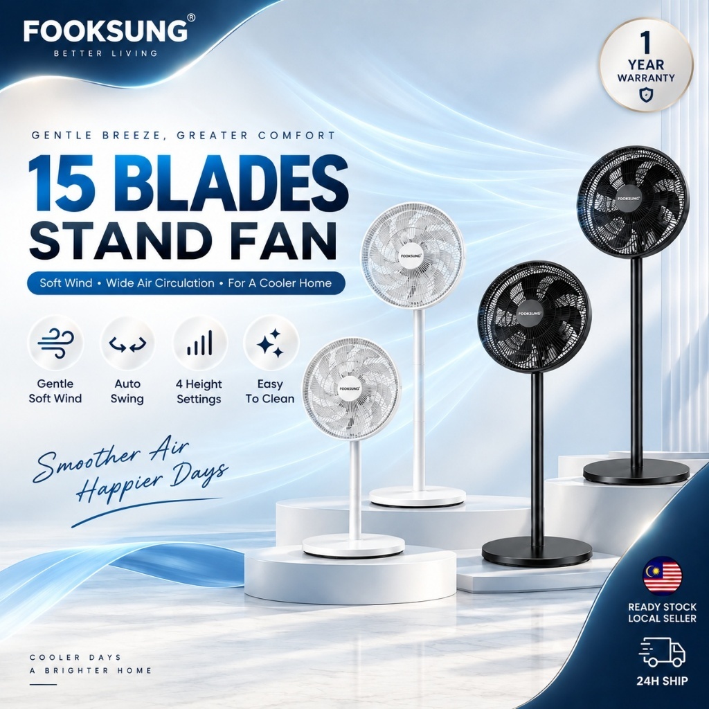 FOOKSUNG 15 Blade Electric Stand Fan Adjustable Fan Table Fan |Kipas Berdiri Elektrik Berkuasa dengan 15 Bilah Kipas