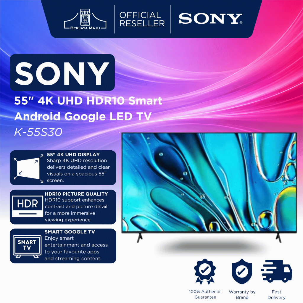 Sony 55" 4K UHD HDR10 Smart Android Google LED TV K-55S30 | Smart UHD TV Televisyen Pintar 智能电视 Original