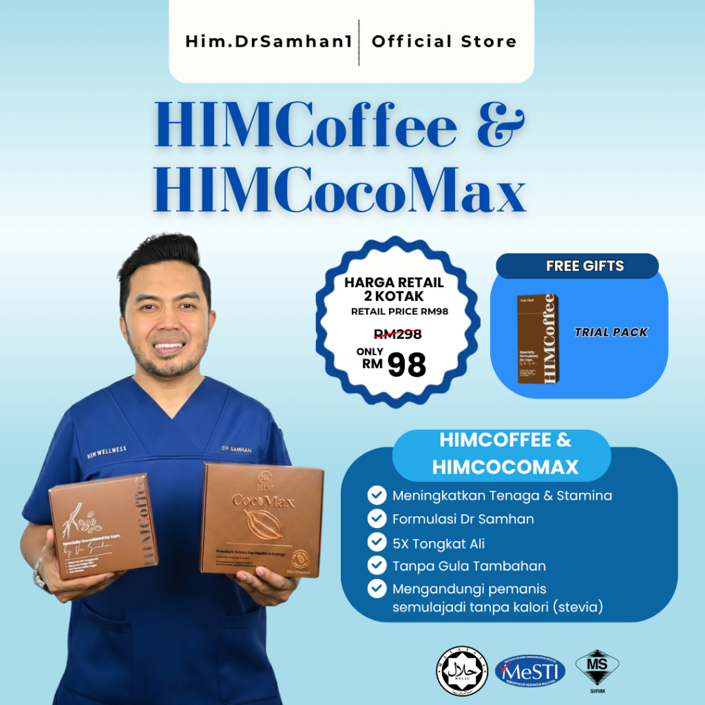 HIMCoffee & HIMCocoMax Tongkat Ali Dr Samhan Khas untuk Tenaga Lelaki, Kopi & Koko Herba Lelaki Halal Himwellness