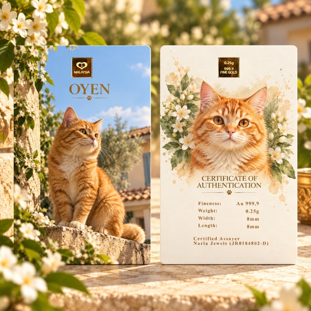 Naria 999.9/24K Gold Bar 0.25gm OYEN Cute Cat Design Emas Tulen Gold Investment Pelaburan Emas Hadiah Premium Orange Cat