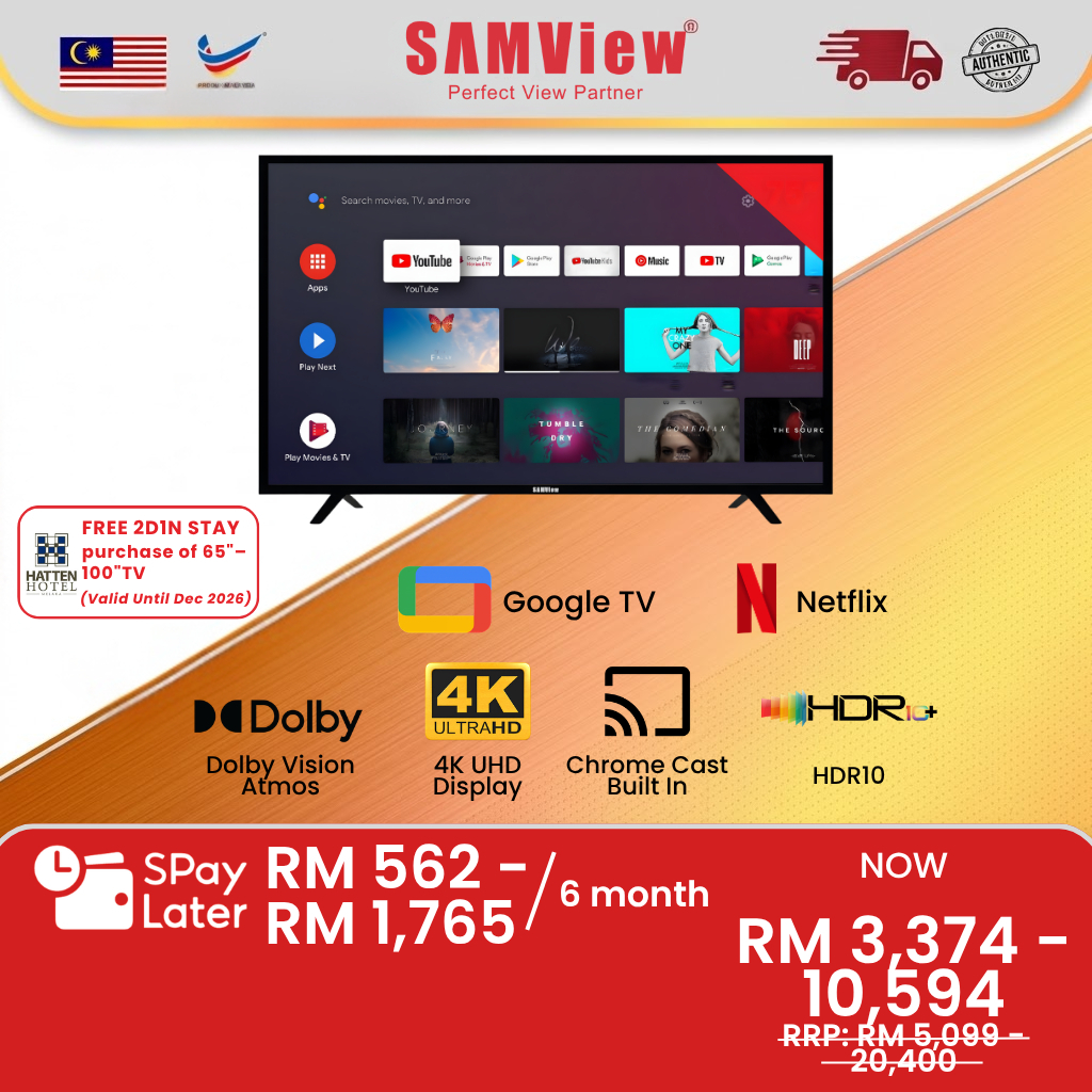 SAMView 4K QLED 75"/85″/100" Licensed Google Android Smart LED TV with Chromecast, Bluetooth and Dolby Sound