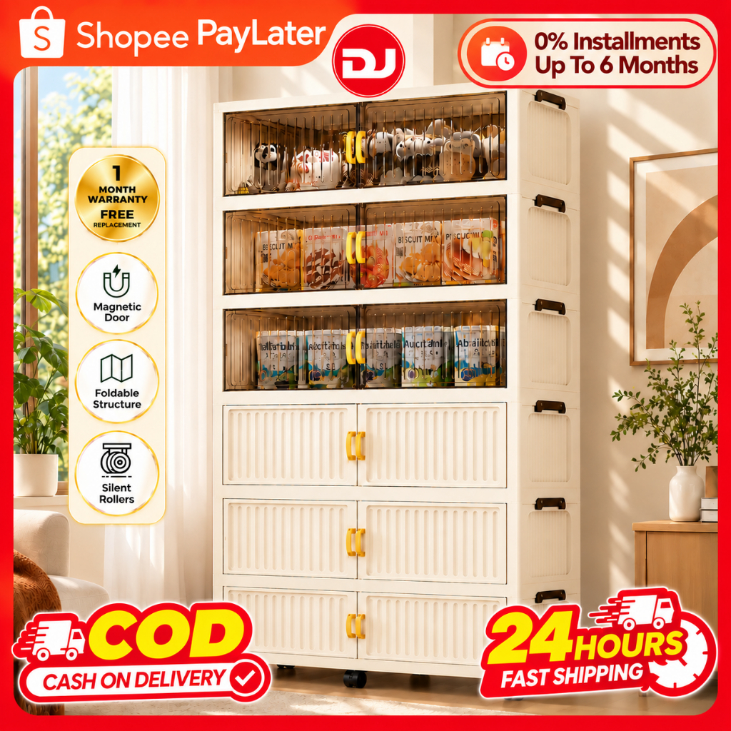 【DJ】60-90cm Large Capacity Foldable Storage Cabinet 2 Doors Stackable Wardrobe Organizer Box with Wheels