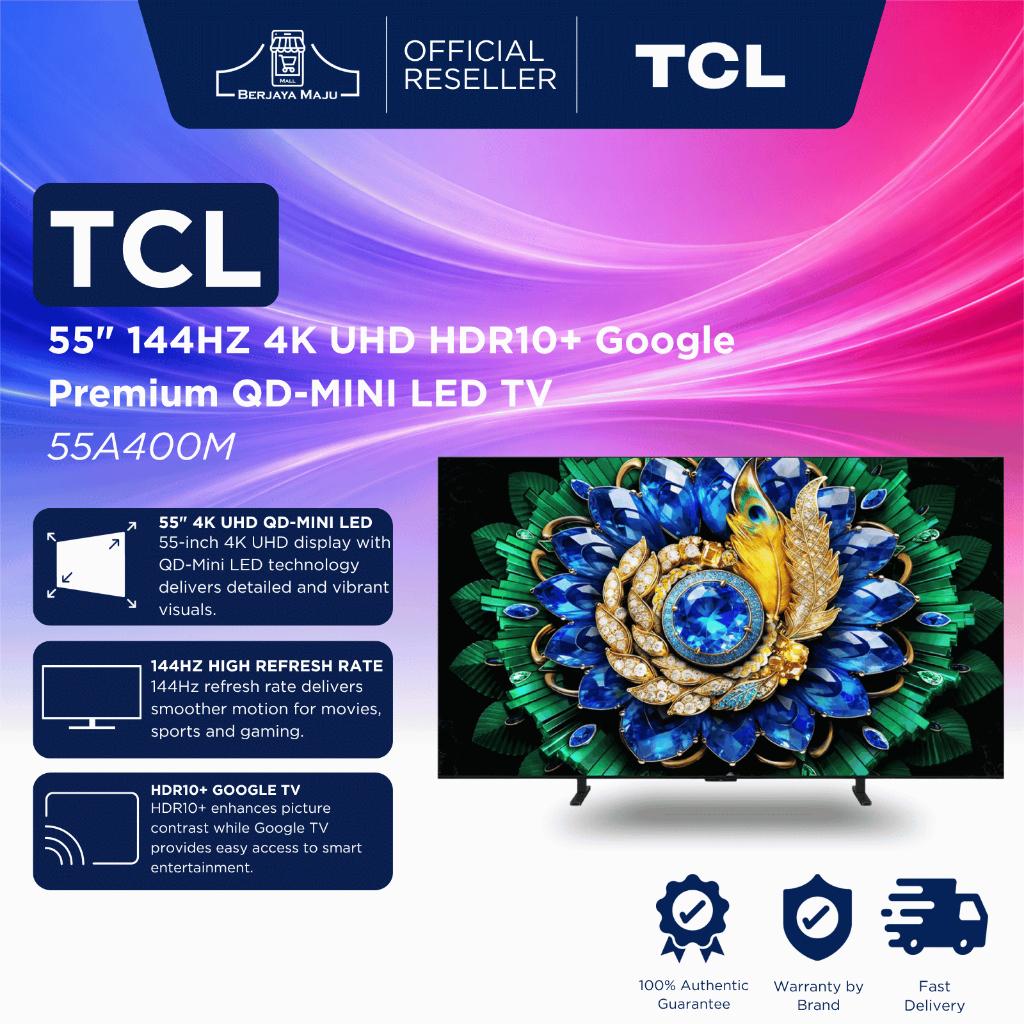 TCL 55" 144HZ 4K UHD HDR10+ Google Premium QD-MINI LED TV 55A400M | 4K UHD Google TV HDR smart television | televisyen p